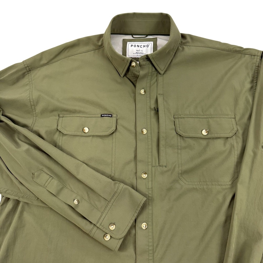 Poncho Shirt Mens Large Green Stretch Long Sleeve Fishing Magnetic Pockets